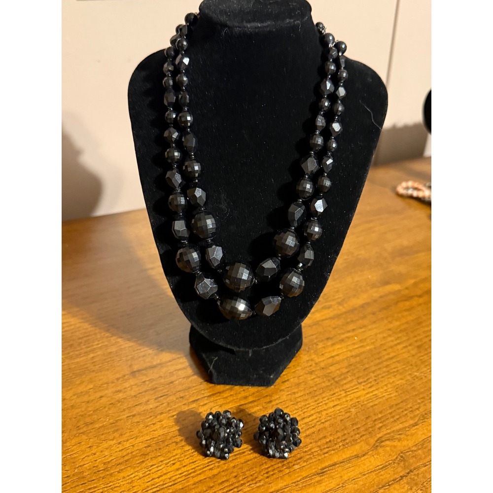 Vintage W Germany Black Bead Double Strand 16 inch Necklace‎ and Earring Set